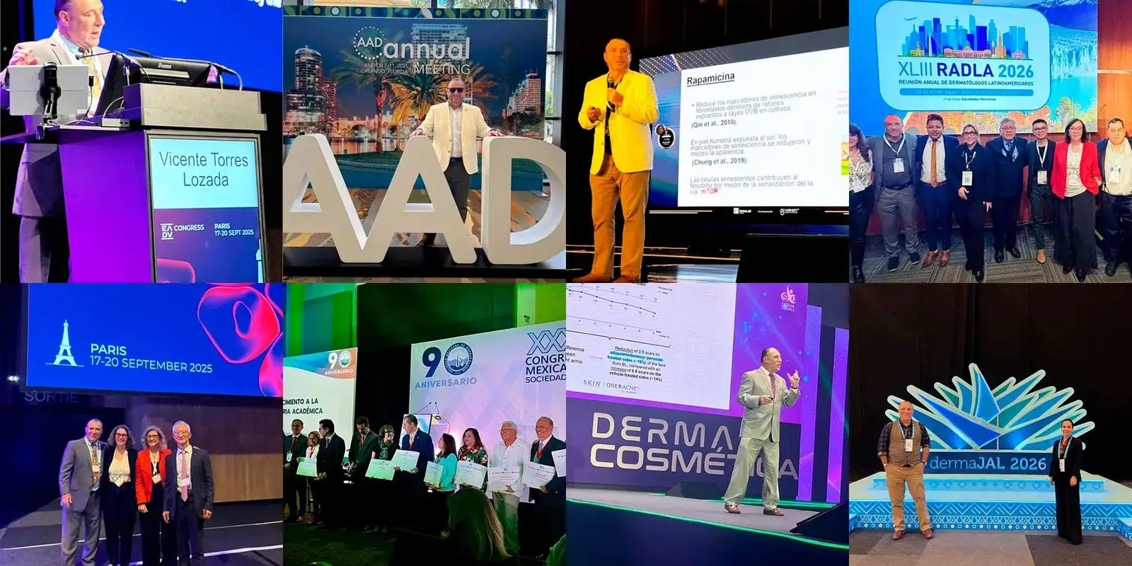 Collage del Dr. Vicente Torres en congresos de dermatología